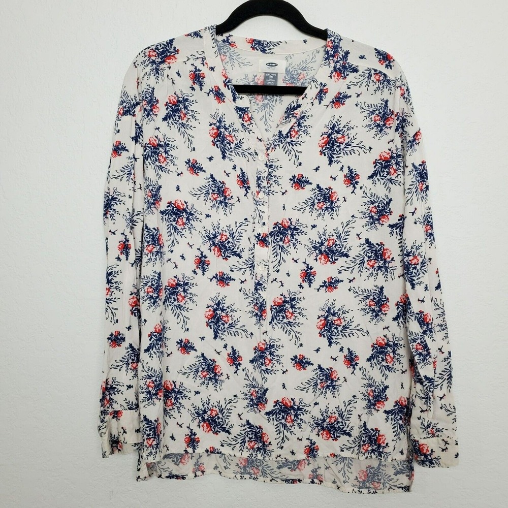 Old Navy Womens Popover Top Size XXL Half Button V-Neck Long Sleeve Floral
